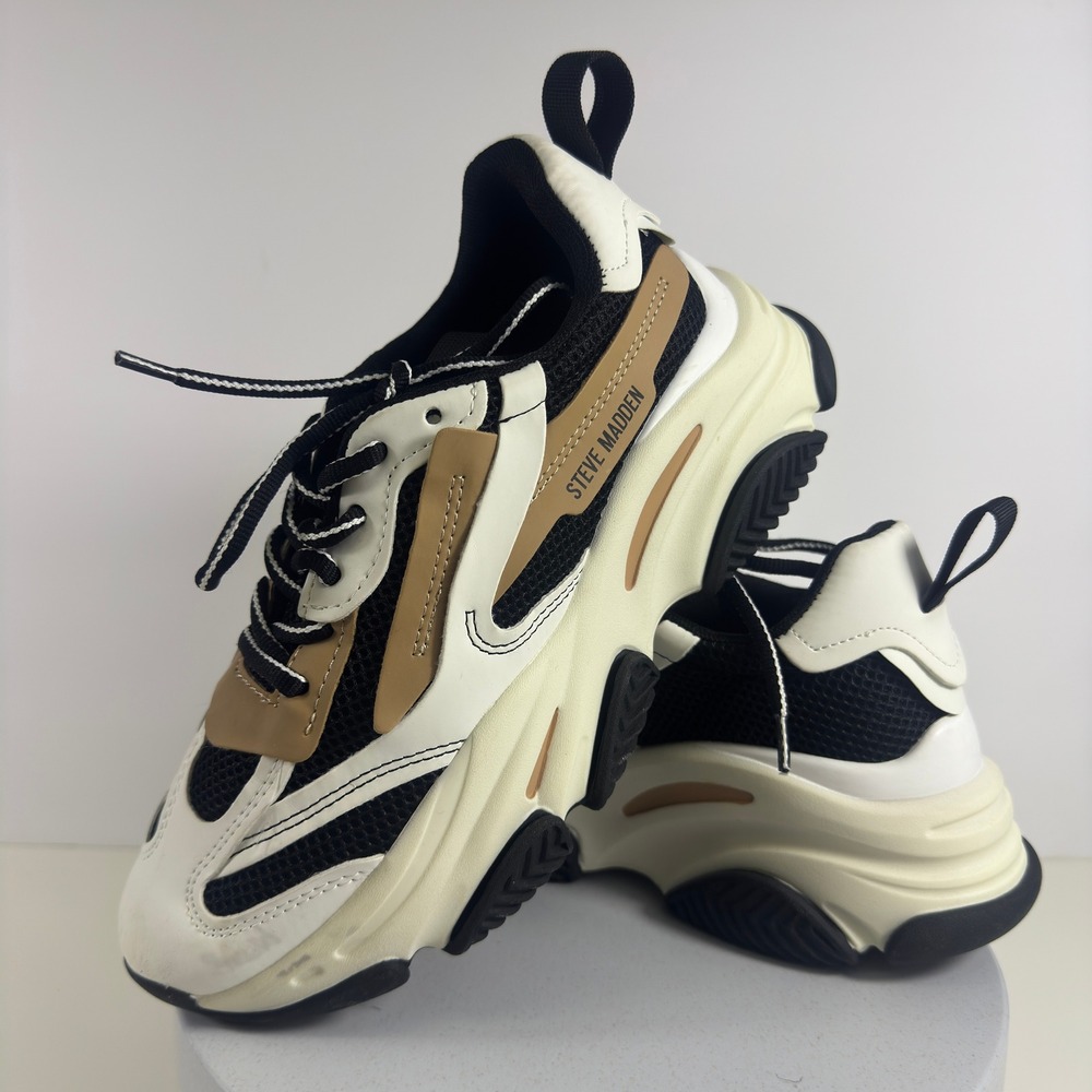 Steve Madden Possession Chunky Platform Sneakers White Black Tan Womens 8